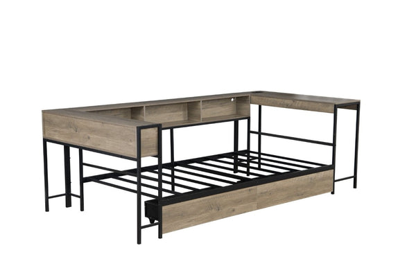 English Elm Corner Queen Platform Daybed with Bookcase Storage Drawers LED Lighting and Charging Hub W1670S00041
