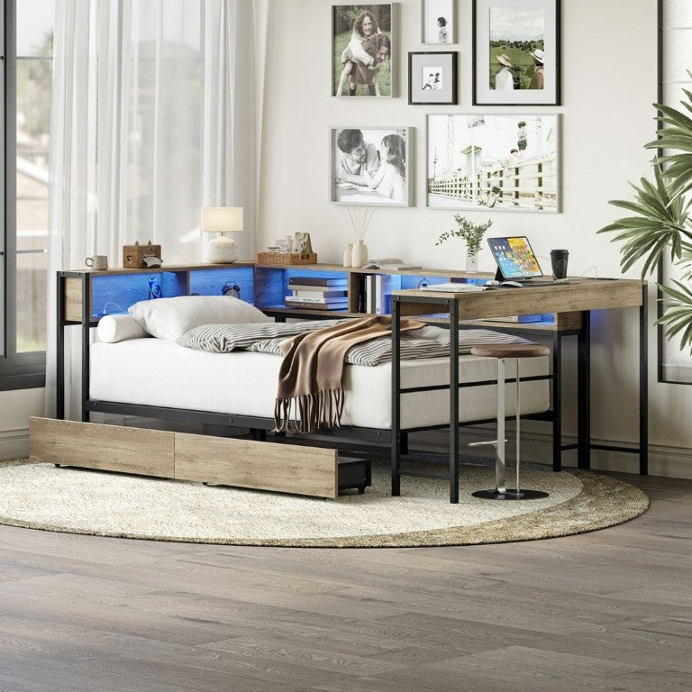 English Elm Corner Queen Platform Daybed with Bookcase Storage Drawers LED Lighting and Charging Hub W1670S00041