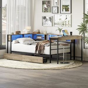 English Elm Corner Queen Platform Daybed with Bookcase Storage Drawers LED Lighting and Charging Hub W1670S00041