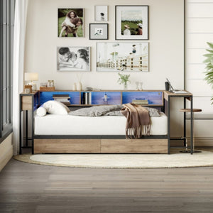 English Elm Corner Queen Platform Daybed with Bookcase Storage Drawers LED Lighting and Charging Hub W1670S00041