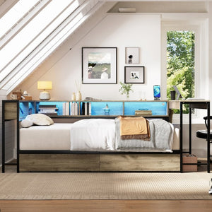 English Elm Corner Queen Platform Daybed with Bookcase Storage Drawers LED Lighting and Charging Hub W1670S00041