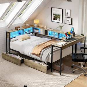 English Elm Corner Queen Platform Daybed with Bookcase Storage Drawers LED Lighting and Charging Hub W1670S00041