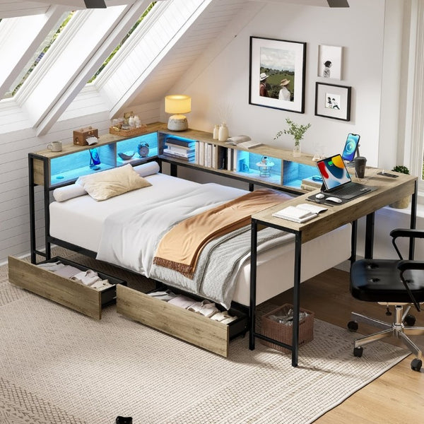 English Elm Corner Queen Platform Daybed with Bookcase Storage Drawers LED Lighting and Charging Hub W1670S00041