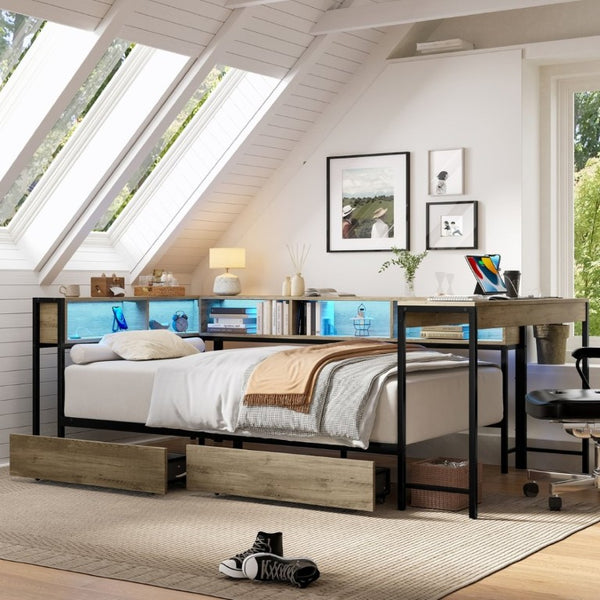 English Elm Corner Queen Platform Daybed with Bookcase Storage Drawers LED Lighting and Charging Hub W1670S00041