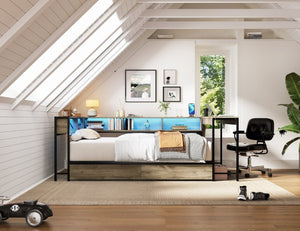 English Elm Corner Queen Platform Daybed with Bookcase Storage Drawers LED Lighting and Charging Hub W1670S00041