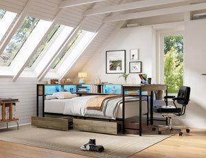 English Elm Corner Queen Platform Daybed with Bookcase Storage Drawers LED Lighting and Charging Hub W1670S00041