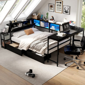 English Elm Corner Full Platform Bed with Bookcase Shelves LED Lighting and Underbed Drawers W1670S00042