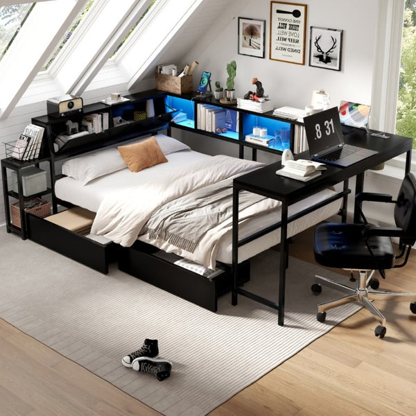 English Elm Corner Full Platform Bed with Bookcase Shelves LED Lighting and Underbed Drawers W1670S00042