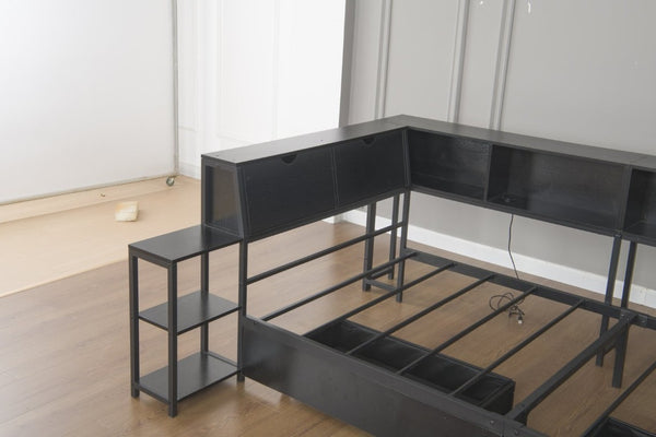 English Elm Corner Full Platform Bed with Bookcase Shelves LED Lighting and Underbed Drawers W1670S00042