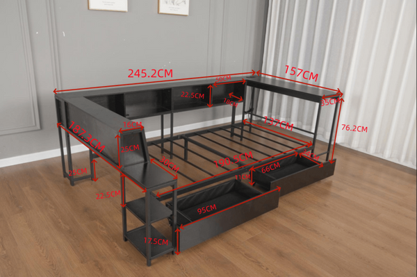 English Elm Corner Full Platform Bed with Bookcase Shelves LED Lighting and Underbed Drawers W1670S00042