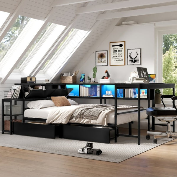 English Elm Corner Full Platform Bed with Bookcase Shelves LED Lighting and Underbed Drawers W1670S00042