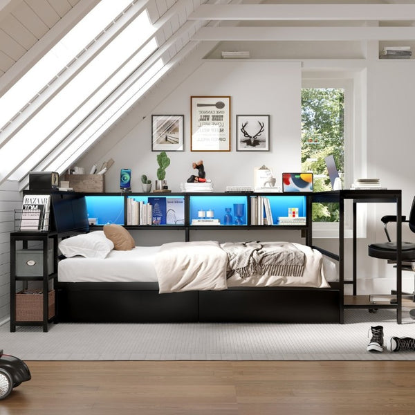 English Elm Corner Full Platform Bed with Bookcase Shelves LED Lighting and Underbed Drawers W1670S00042