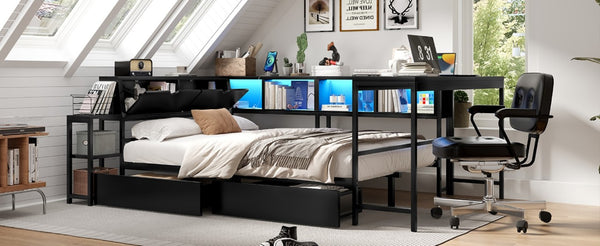 English Elm Corner Full Platform Bed with Bookcase Shelves LED Lighting and Underbed Drawers W1670S00042