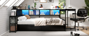 English Elm Corner Full Platform Bed with Bookcase Shelves LED Lighting and Underbed Drawers W1670S00042