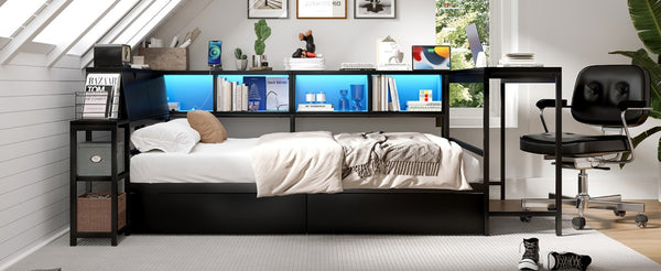 English Elm Corner Full Platform Bed with Bookcase Shelves LED Lighting and Underbed Drawers W1670S00042