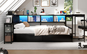 English Elm Corner Full Platform Bed with Bookcase Shelves LED Lighting and Underbed Drawers W1670S00042