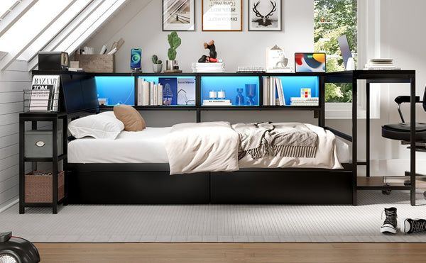 English Elm Corner Full Platform Bed with Bookcase Shelves LED Lighting and Underbed Drawers W1670S00042