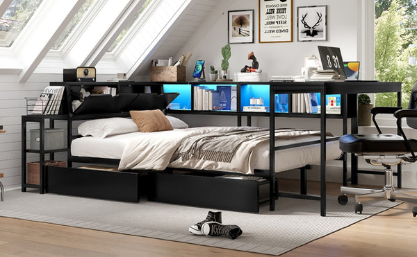 English Elm Corner Full Platform Bed with Bookcase Shelves LED Lighting and Underbed Drawers W1670S00042