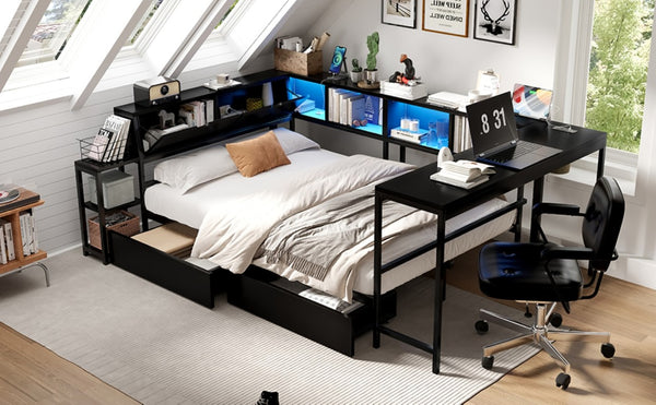 English Elm Corner Full Platform Bed with Bookcase Shelves LED Lighting and Underbed Drawers W1670S00042