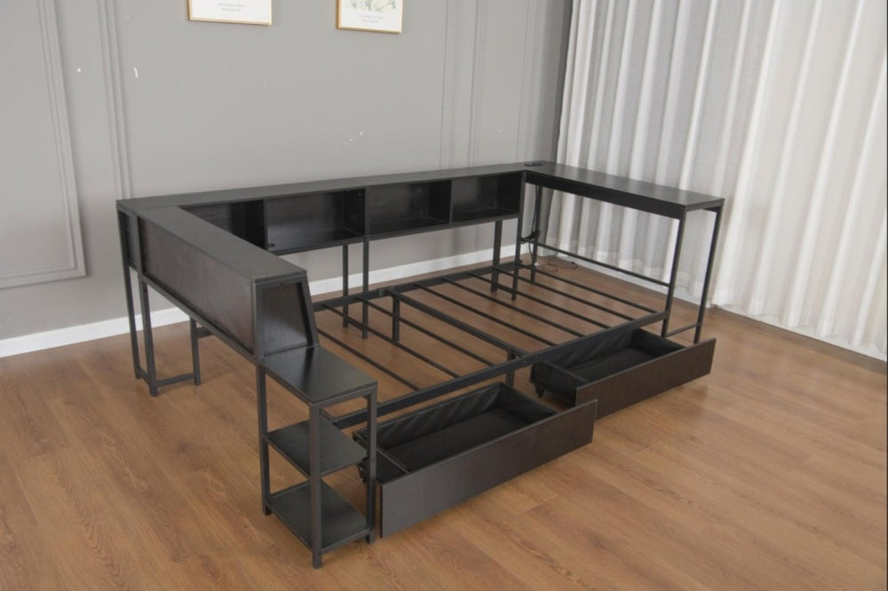 English Elm Corner Full Platform Bed with Bookcase Shelves LED Lighting and Underbed Drawers W1670S00042