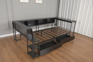 English Elm Corner Full Platform Bed with Bookcase Shelves LED Lighting and Underbed Drawers W1670S00042