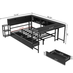English Elm Corner Full Platform Bed with Bookcase Shelves LED Lighting and Underbed Drawers W1670S00042