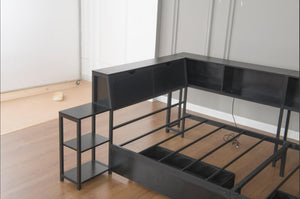 English Elm Corner Full Platform Bed with Bookcase Shelves LED Lighting and Underbed Drawers W1670S00042