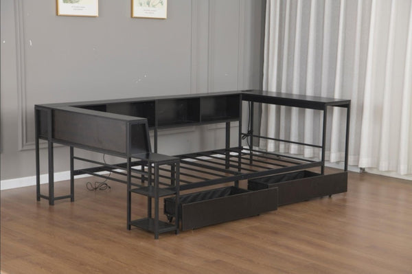English Elm Corner Full Platform Bed with Bookcase Shelves LED Lighting and Underbed Drawers W1670S00042