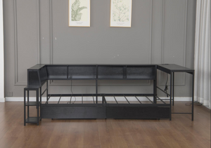 English Elm Corner Full Platform Bed with Bookcase Shelves LED Lighting and Underbed Drawers W1670S00042