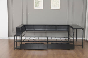 English Elm Corner Full Platform Bed with Bookcase Shelves LED Lighting and Underbed Drawers W1670S00042