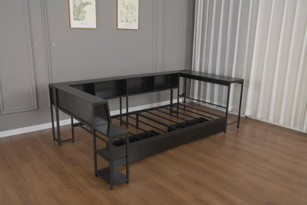 English Elm Corner Full Platform Bed with Bookcase Shelves LED Lighting and Underbed Drawers W1670S00042