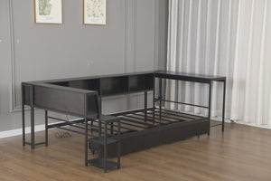 English Elm Corner Full Platform Bed with Bookcase Shelves LED Lighting and Underbed Drawers W1670S00042