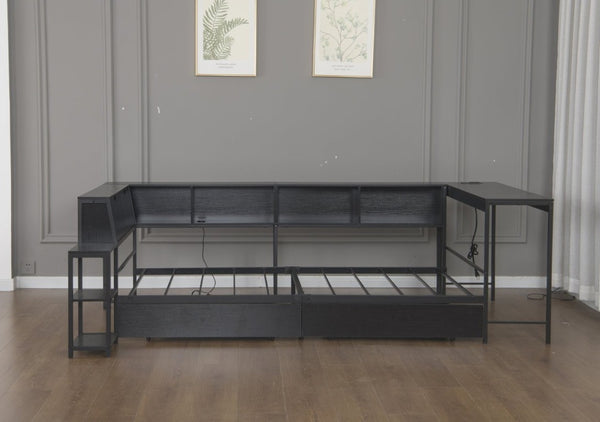 English Elm Corner Full Platform Bed with Bookcase Shelves LED Lighting and Underbed Drawers W1670S00042