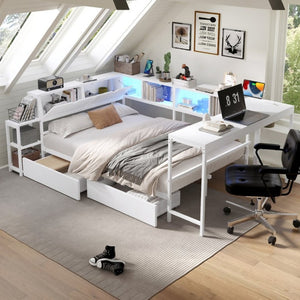 English Elm Corner Full Platform Bed with Bookcase Headboard LED Lighting and Underbed Storage W1670S00043