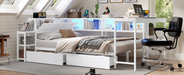 English Elm Corner Full Platform Bed with Bookcase Headboard LED Lighting and Underbed Storage W1670S00043