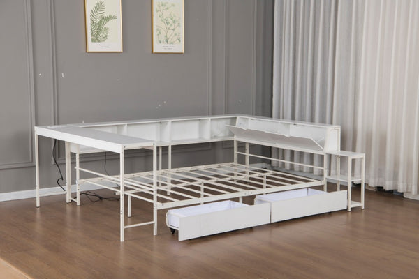 English Elm Corner Full Platform Bed with Bookcase Headboard LED Lighting and Underbed Storage W1670S00043