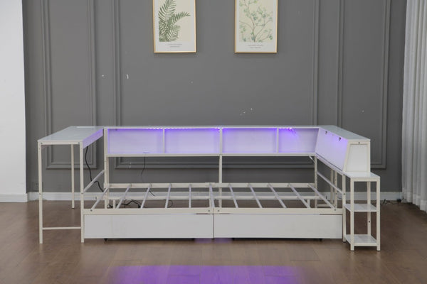 English Elm Corner Full Platform Bed with Bookcase Headboard LED Lighting and Underbed Storage W1670S00043