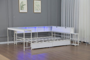 English Elm Corner Full Platform Bed with Bookcase Headboard LED Lighting and Underbed Storage W1670S00043