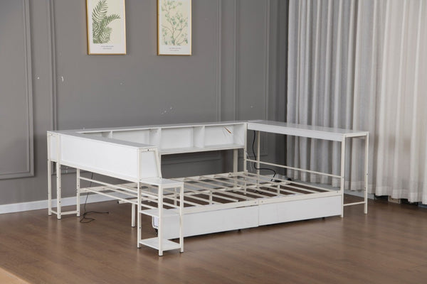 English Elm Corner Full Platform Bed with Bookcase Headboard LED Lighting and Underbed Storage W1670S00043