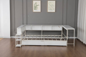 English Elm Corner Full Platform Bed with Bookcase Headboard LED Lighting and Underbed Storage W1670S00043