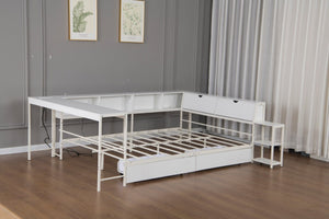 English Elm Corner Full Platform Bed with Bookcase Headboard LED Lighting and Underbed Storage W1670S00043