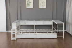 English Elm Corner Full Platform Bed with Bookcase Headboard LED Lighting and Underbed Storage W1670S00043