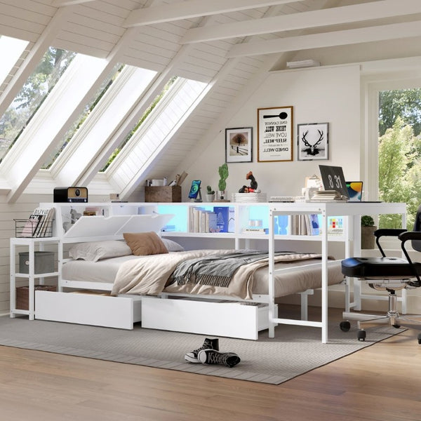 English Elm Corner Full Platform Bed with Bookcase Headboard LED Lighting and Underbed Storage W1670S00043