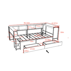 English Elm Corner Full Platform Bed with Bookcase Headboard LED Lighting and Underbed Storage W1670S00043