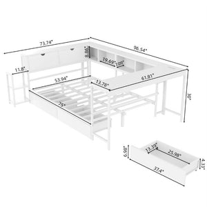 English Elm Corner Full Platform Bed with Bookcase Headboard LED Lighting and Underbed Storage W1670S00043