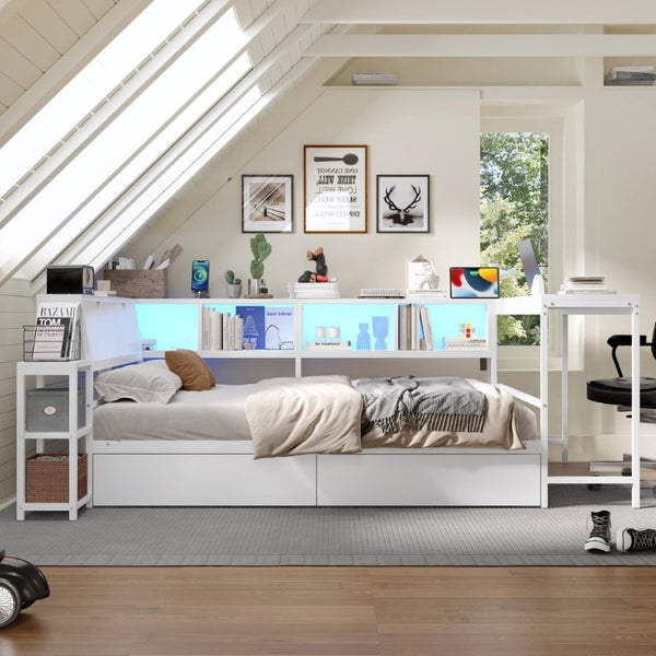 English Elm Corner Full Platform Bed with Bookcase Headboard LED Lighting and Underbed Storage W1670S00043