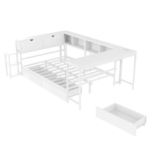 English Elm Corner Full Platform Bed with Bookcase Headboard LED Lighting and Underbed Storage W1670S00043
