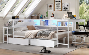 English Elm Corner Full Platform Bed with Bookcase Headboard LED Lighting and Underbed Storage W1670S00043