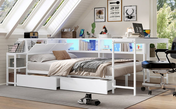 English Elm Corner Full Platform Bed with Bookcase Headboard LED Lighting and Underbed Storage W1670S00043