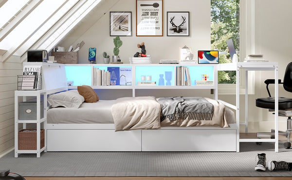 English Elm Corner Full Platform Bed with Bookcase Headboard LED Lighting and Underbed Storage W1670S00043